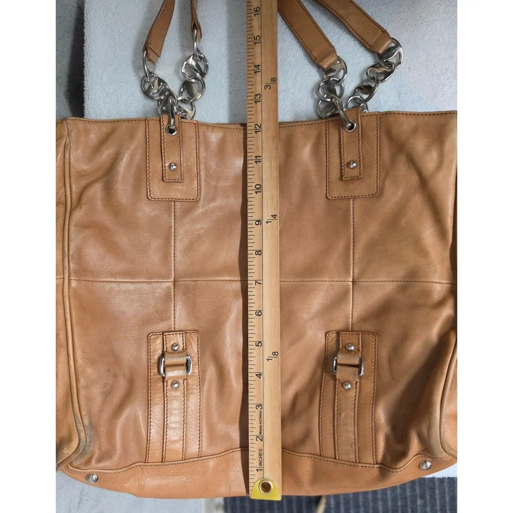 Salvatore Ferragamo Tan Leather Paneled Tote Bag Silver Chain Strap Italy